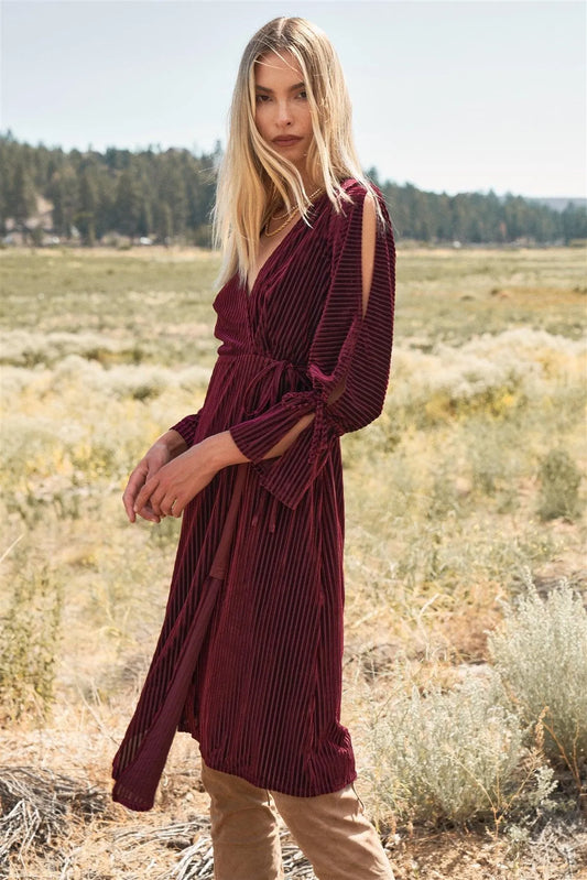 Wine Velvet Ribbed Asymmetrical Wrap V-Neck 3/4 Balloon Sleeve With Cut-Out Detail Midi Dress /2-2-2 - Tasha Apparel Wholesale