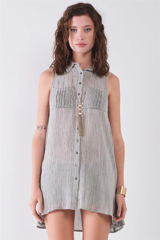 Light Grey Striped Sleeveless Collared Neck Button-Down Front Tunic Shirt Mini Dress /2-2-2 - Tasha Apparel Wholesale