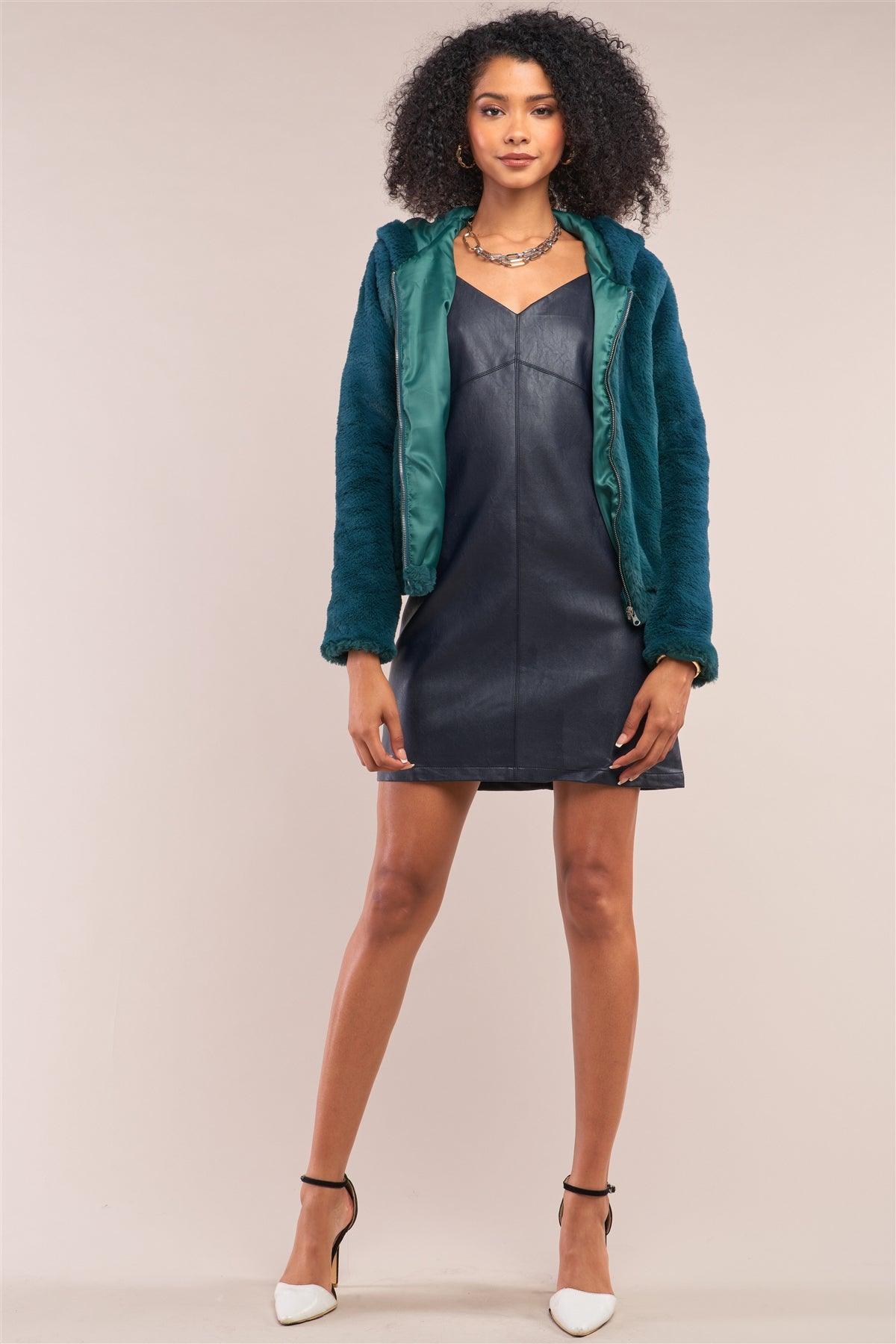 Green Soft Faux Fur Hooded Zip-Up Jacket /3-3