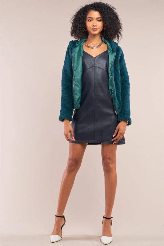 Green Soft Faux Fur Hooded Zip-Up Jacket /3-3 - Tasha Apparel Wholesale
