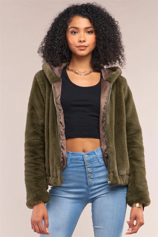 Olive Soft Faux Fur Hooded Zip-Up Jacket /2-2-2 - Tasha Apparel Wholesale