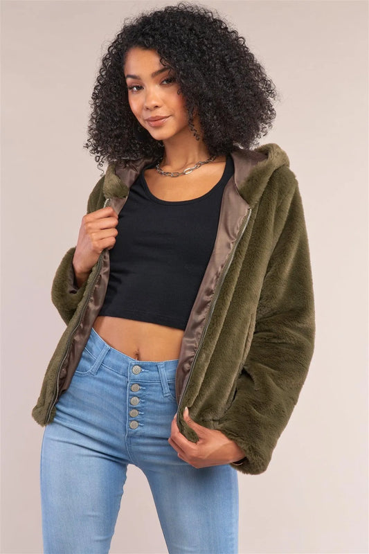 Olive Soft Faux Fur Hooded Zip-Up Jacket /4-2 - Tasha Apparel Wholesale