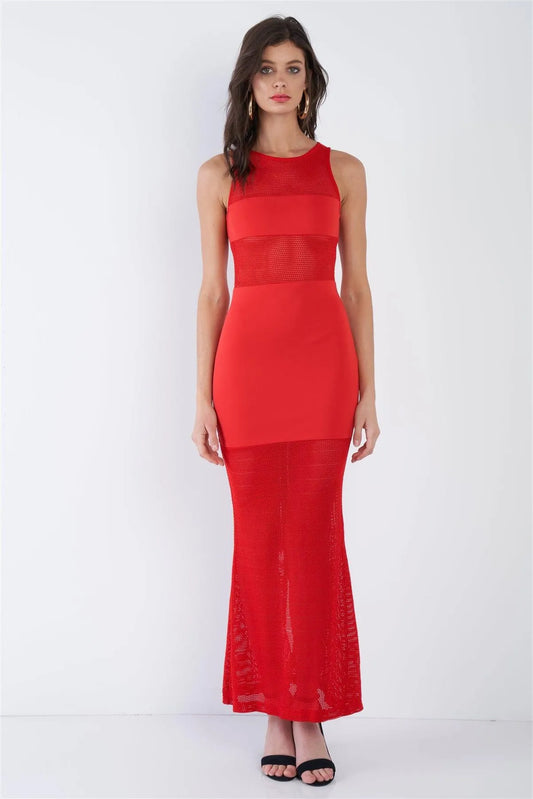 Red Color Block Sheer Knit Sleeveless Bodycon Maxi Dress /2-2-2 - Tasha Apparel Wholesale