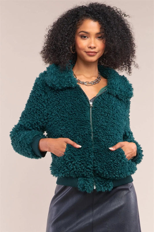 Hunter Green Long Sleeve Zip Front Faux Fur Bomber Jacket /2-2-2 - Tasha Apparel Wholesale