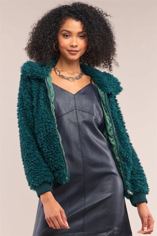 Hunter Green Long Sleeve Zip Front Faux Fur Bomber Jacket /2-3-1 - Tasha Apparel Wholesale
