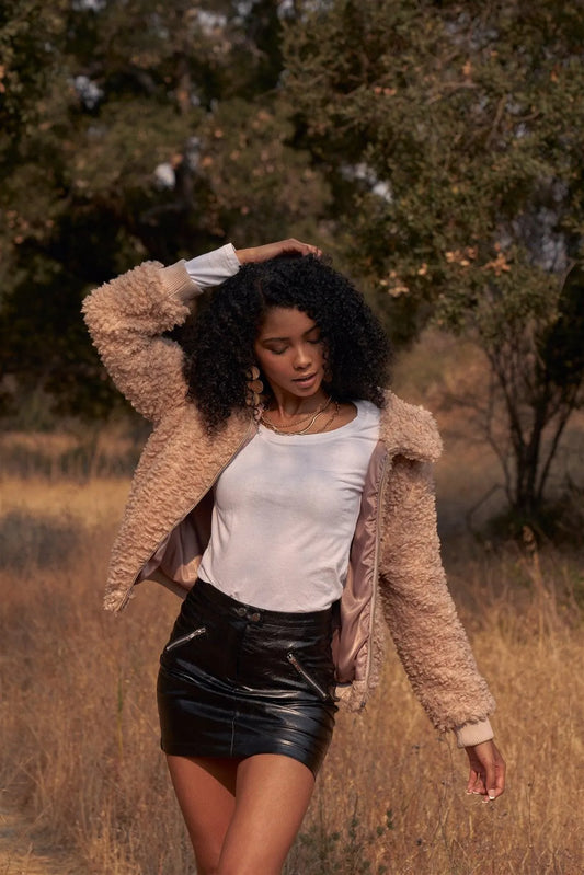 Nude Long Sleeve Zip Front Faux Fur Bomber Jacket /2-2-2 - Tasha Apparel Wholesale