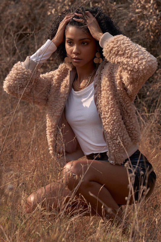 Nude Long Sleeve Zip Front Faux Fur Bomber Jacket /2-3-2 - Tasha Apparel Wholesale
