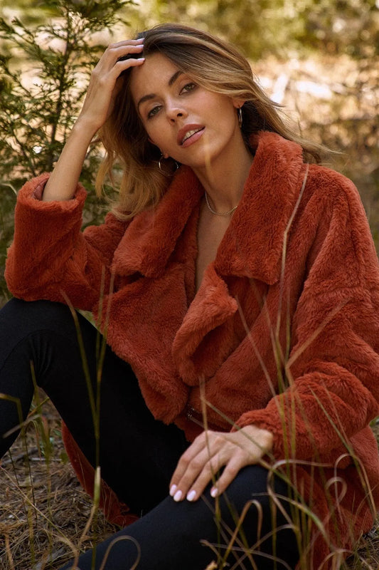 Orange Rust Oversize Lapel Collar Faux Fur Coat /2-2-2 - Tasha Apparel Wholesale