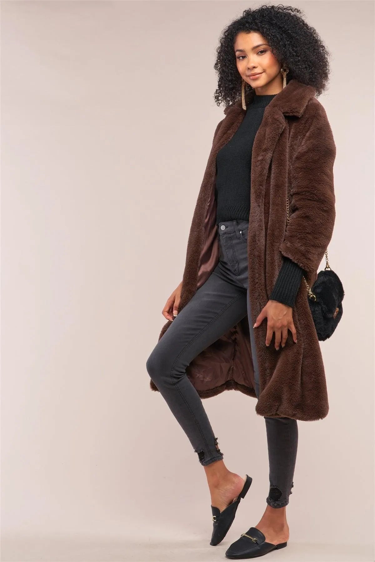 Coffee Brown Long Sleeve Open Front Faux Fur Trench Coat /2-1-2 - Tasha Apparel Wholesale