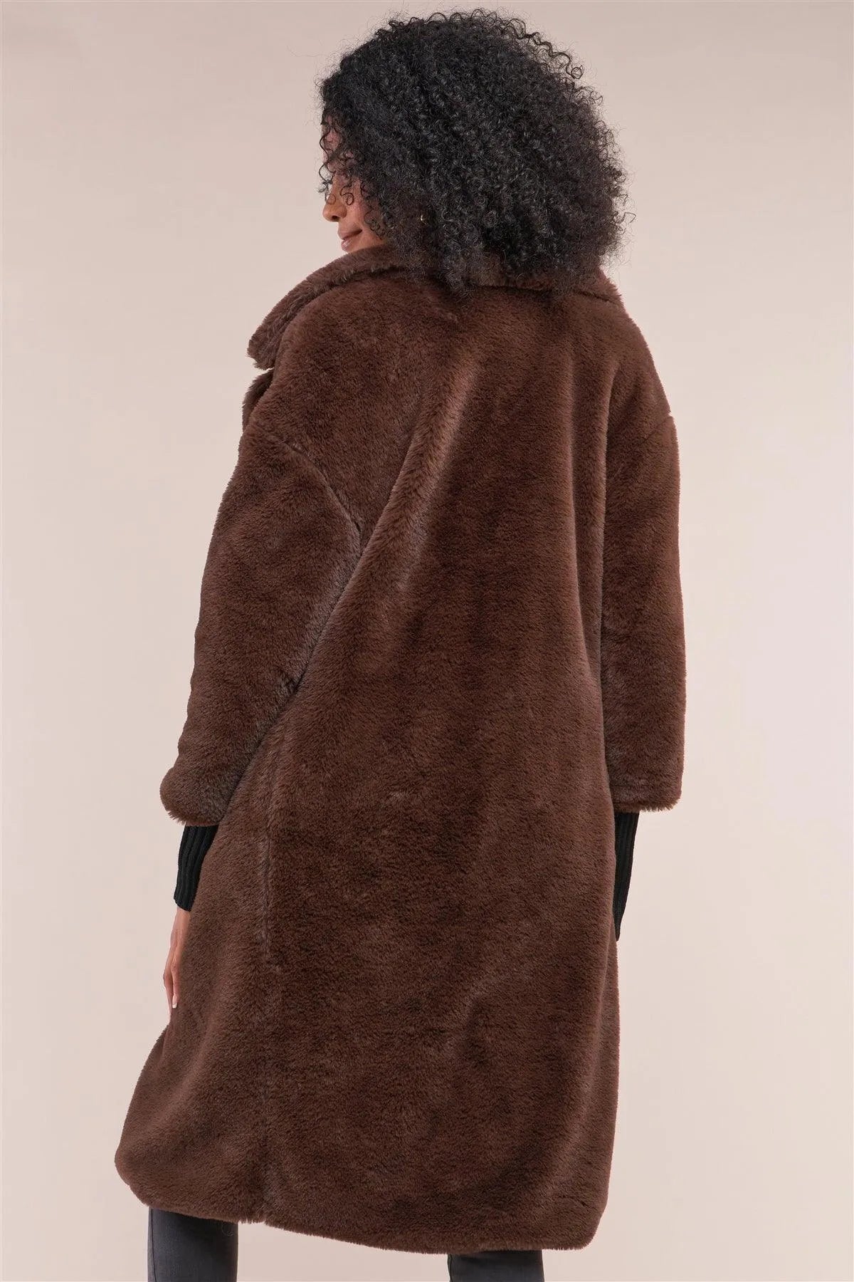 Coffee Brown Long Sleeve Open Front Faux Fur Trench Coat /2-1-2 - Tasha Apparel Wholesale
