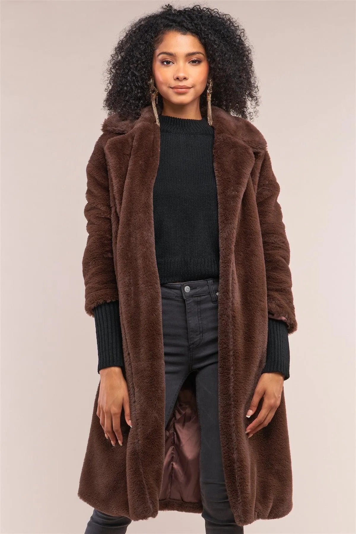 Coffee Brown Long Sleeve Open Front Faux Fur Trench Coat /2-1-2 - Tasha Apparel Wholesale