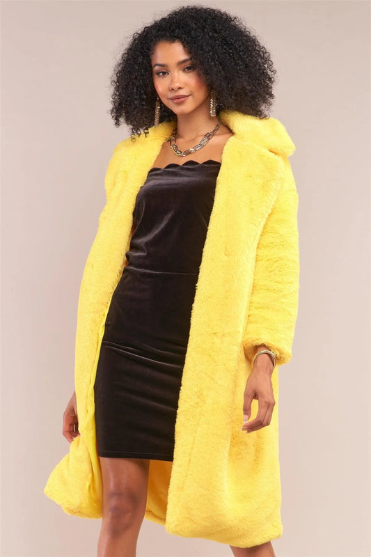 Yellow Long Sleeve Open Front Faux Fur Trench Coat /1-1-2 - Tasha Apparel Wholesale