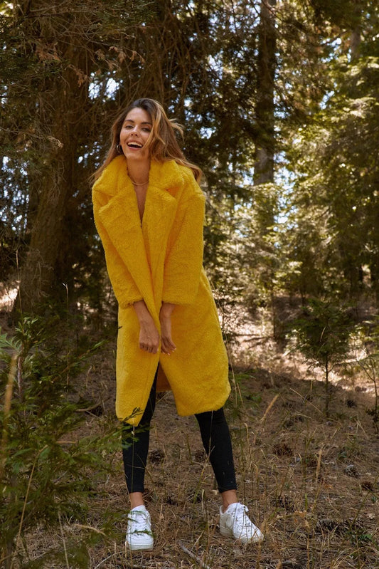 Yellow Long Sleeve Open Front Faux Fur Trench Coat /2-2-2 - Tasha Apparel Wholesale