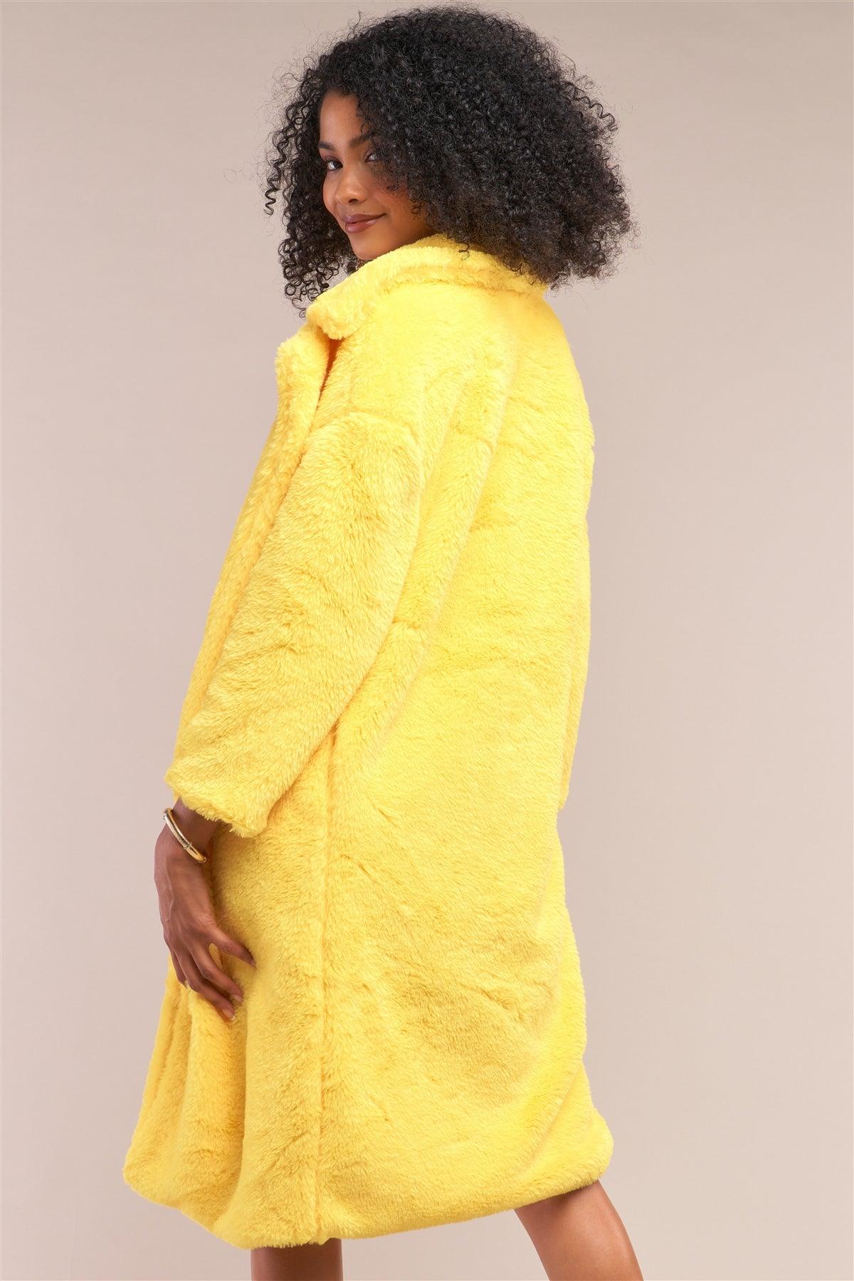 Yellow Long Sleeve Open Front Faux Fur Trench Coat /2-2-2