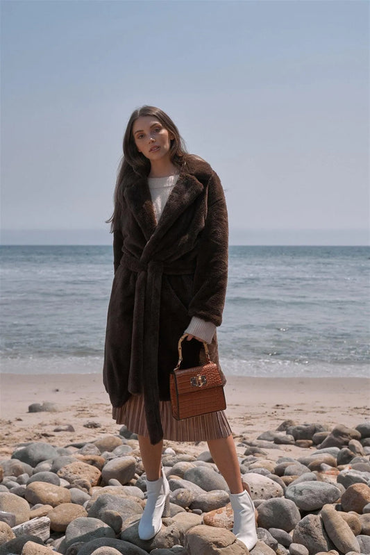 Dark Coffee Soft Faux Fur Open Front Detachable Belt Long Sleeve Coat /2-2-2 - Tasha Apparel Wholesale