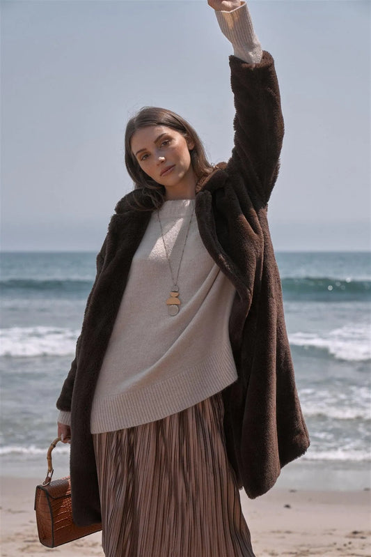 Dark Coffee Soft Faux Fur Open Front Detachable Belt Long Sleeve Coat /3-2-1 - Tasha Apparel Wholesale