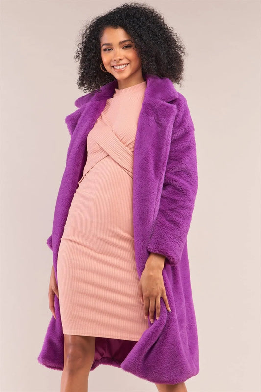 Purple Soft Faux Fur Open Front Detachable Belt Long Sleeve Coat /2-1-1 - Tasha Apparel Wholesale