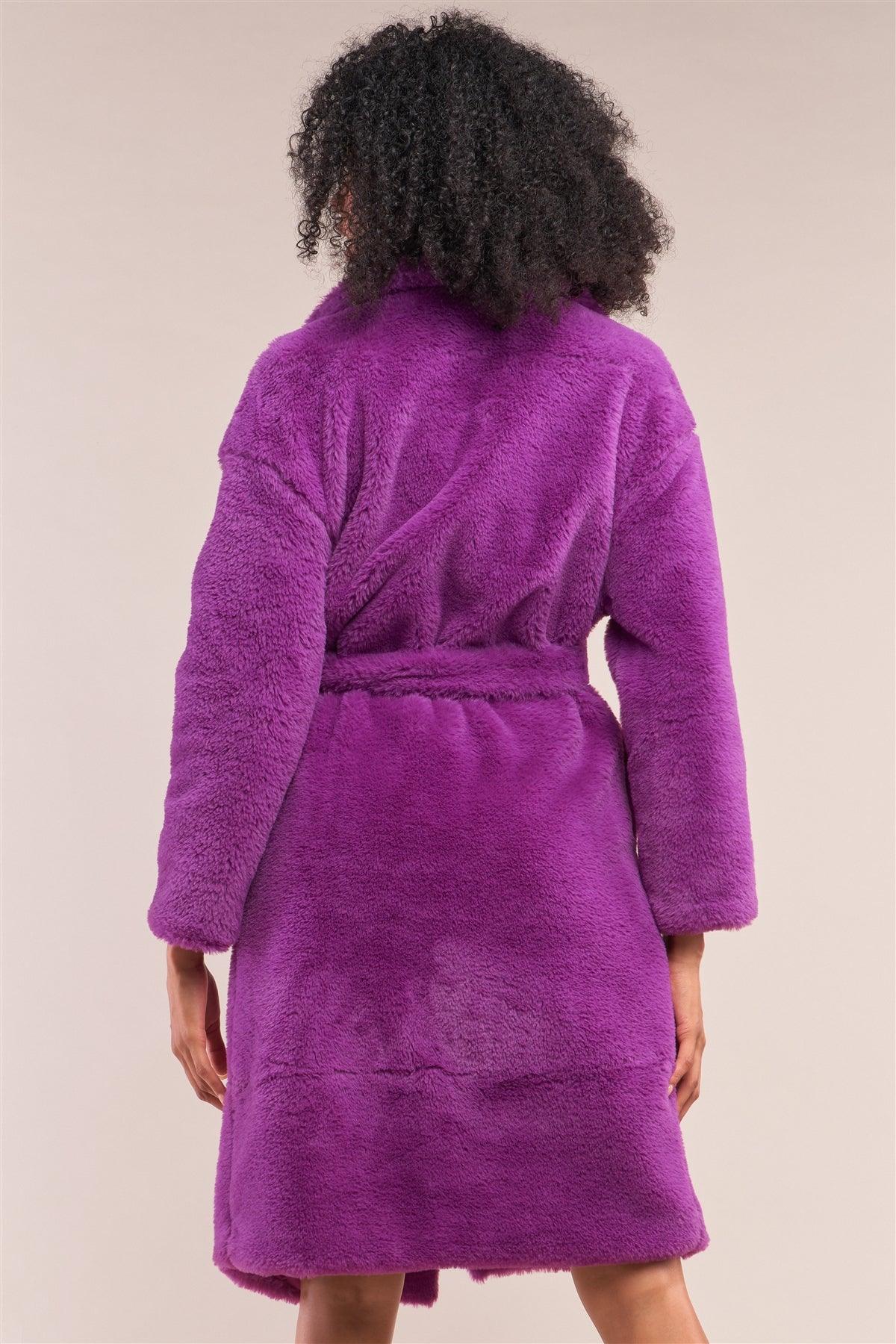 Purple Soft Faux Fur Open Front Detachable Belt Long Sleeve Coat /2-1-1