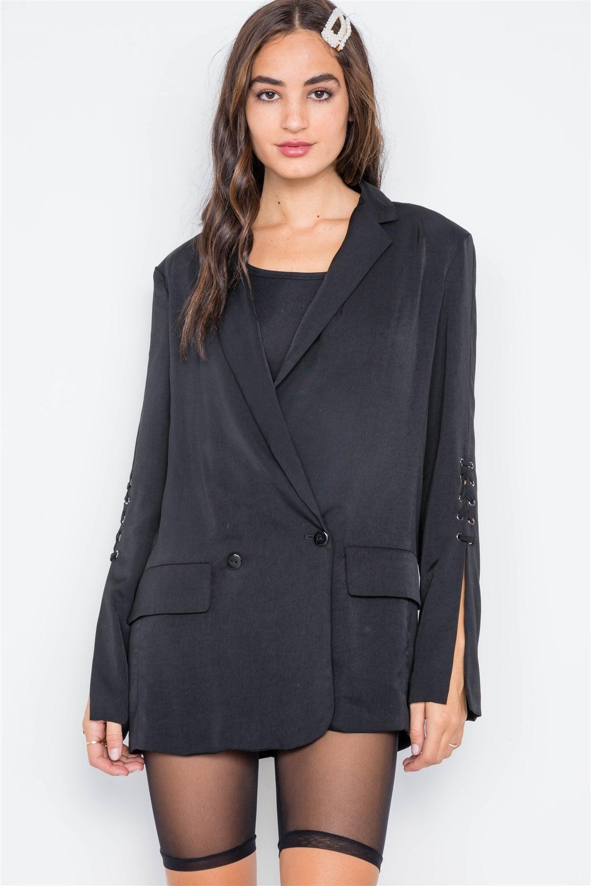 Black Long Lace-Up Sleeves Solid Blazer Jacket  /3-3