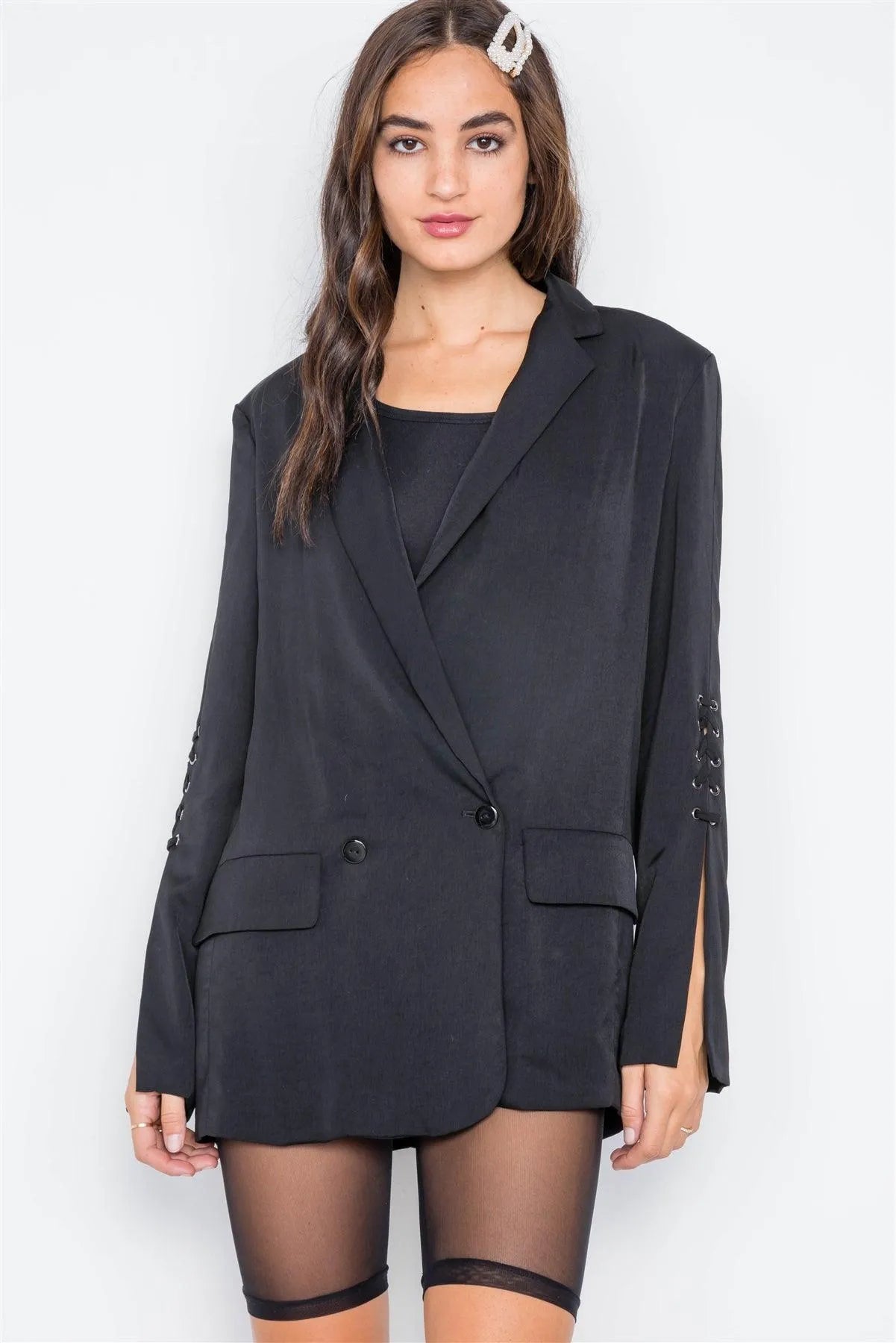 Black Long Lace-Up Sleeves Solid Blazer Jacket /3-3 - Tasha Apparel Wholesale