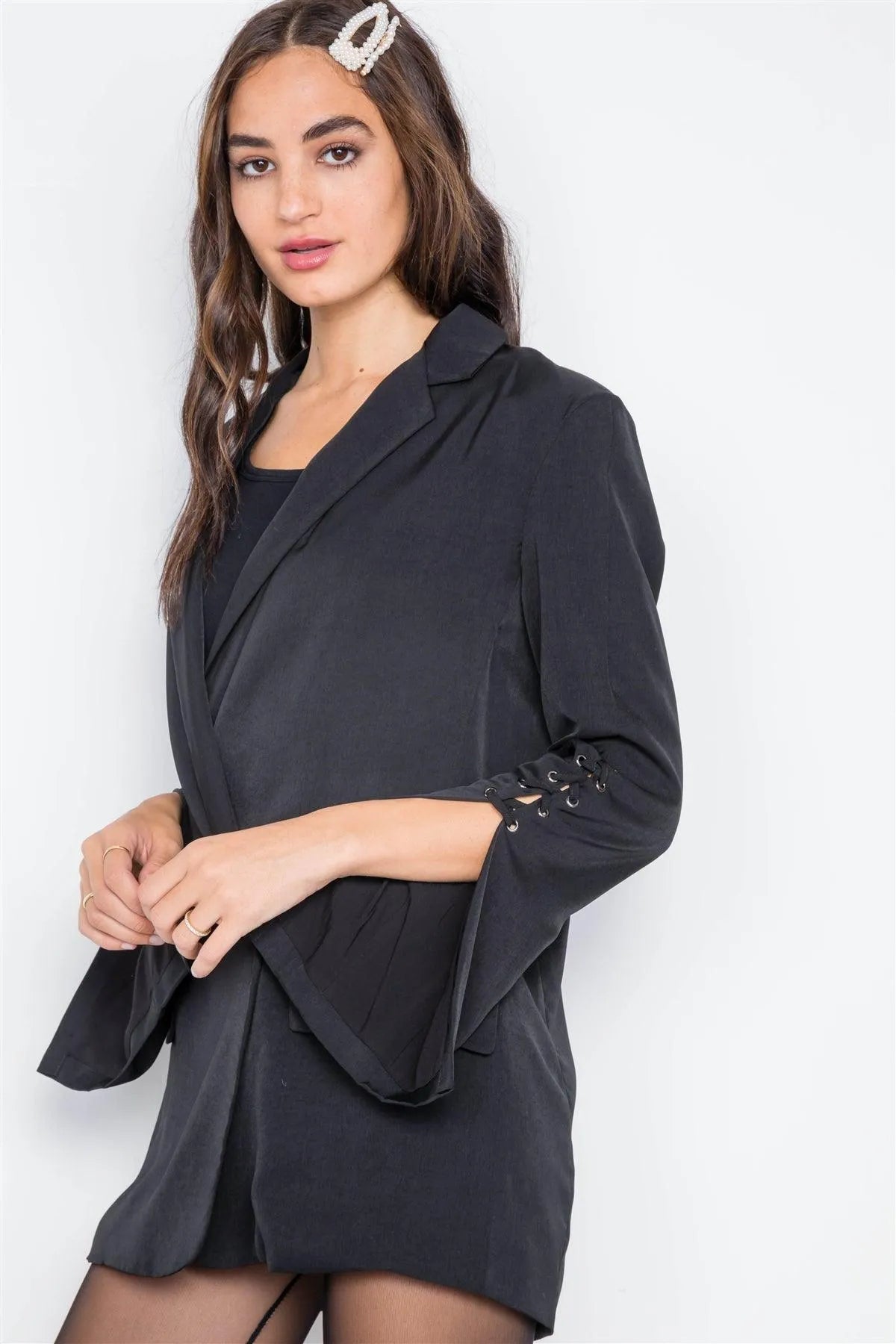 Black Long Lace-Up Sleeves Solid Blazer Jacket /3-3 - Tasha Apparel Wholesale