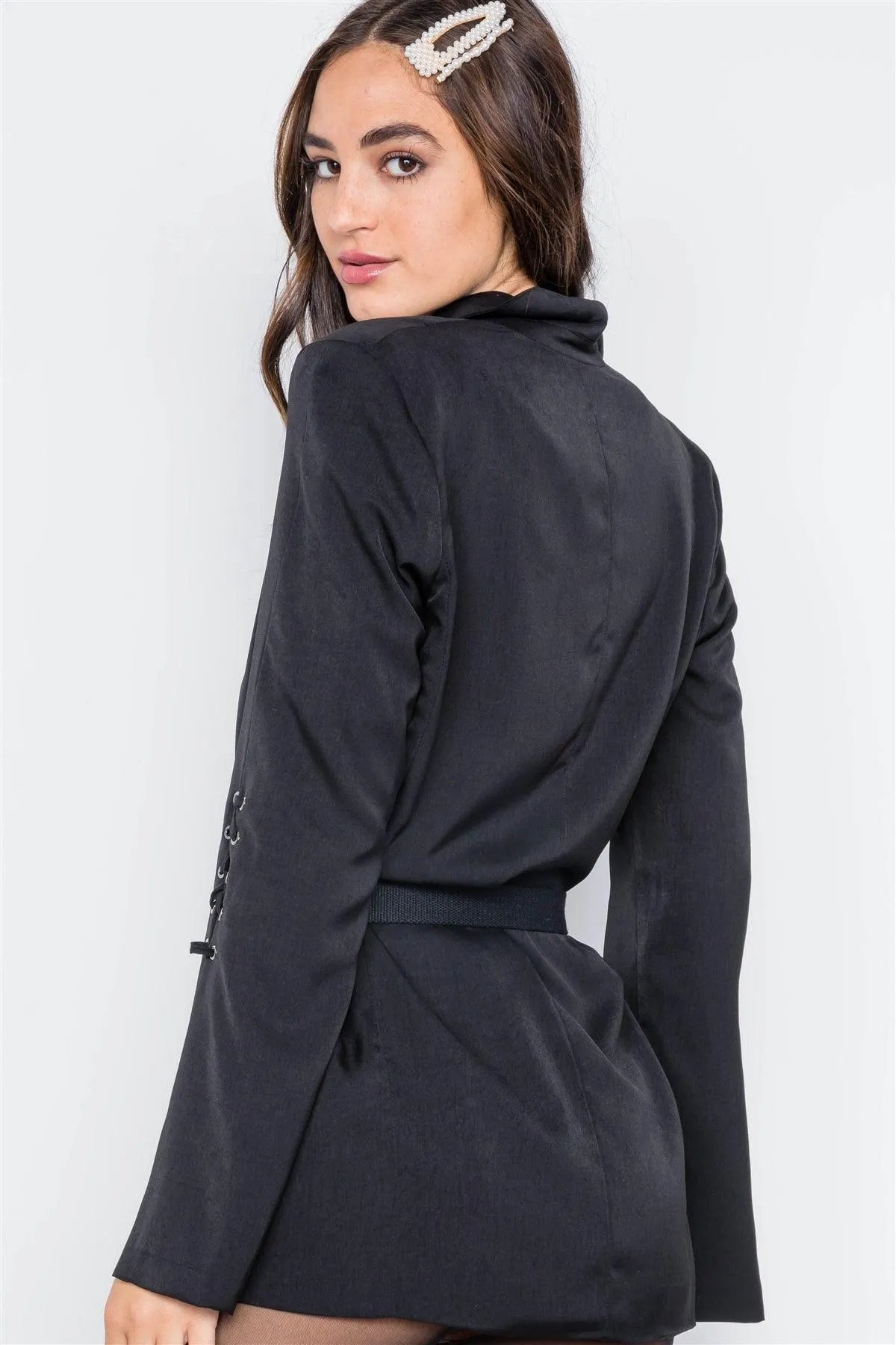 Black Long Lace-Up Sleeves Solid Blazer Jacket /3-3 - Tasha Apparel Wholesale