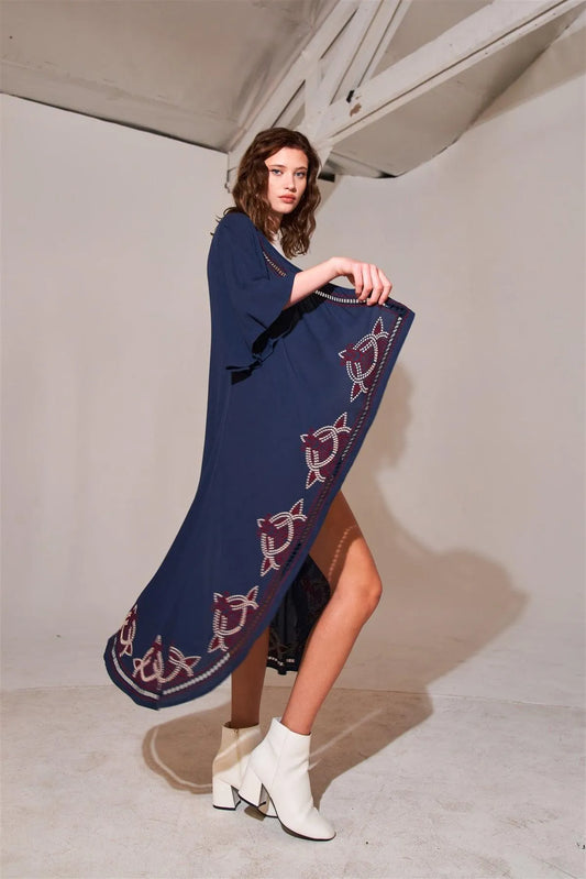 Boho Navy Embroidery Trim Open Front Angel Sleeve Back Slit Detail Midi Kimono /3-2-1 - Tasha Apparel Wholesale