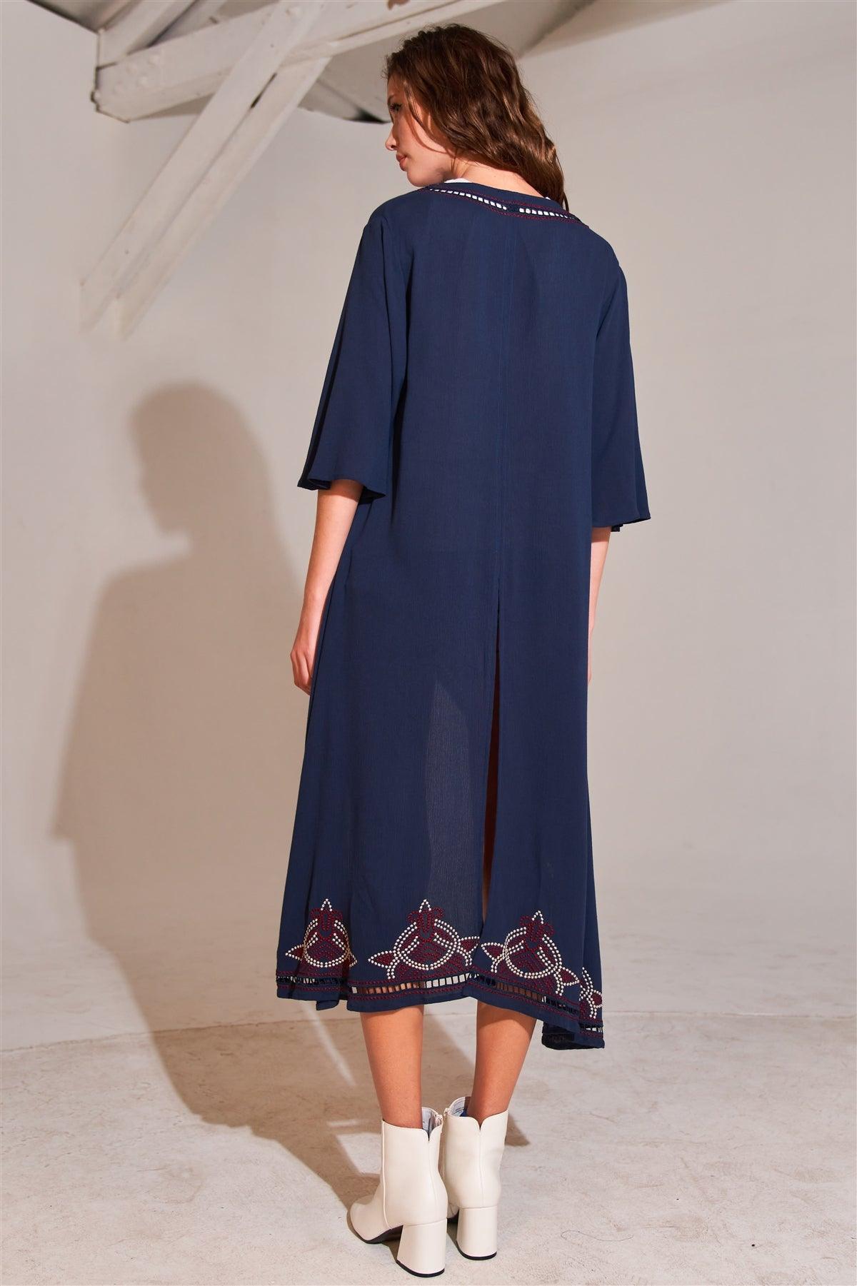 Boho Navy Embroidery Trim Open Front Angel Sleeve Back Slit Detail Midi Kimono /3-2-1