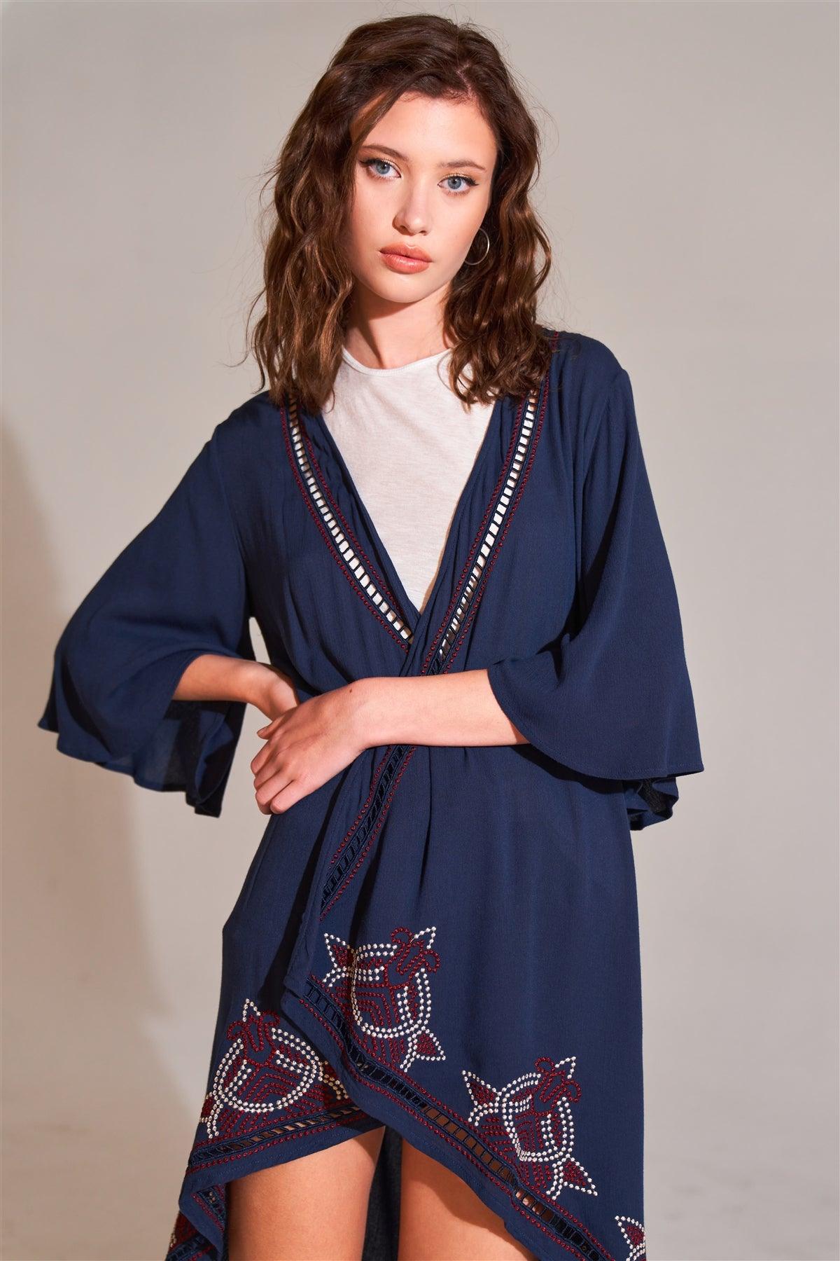 Boho Navy Embroidery Trim Open Front Angel Sleeve Back Slit Detail Midi Kimono /3-2-1