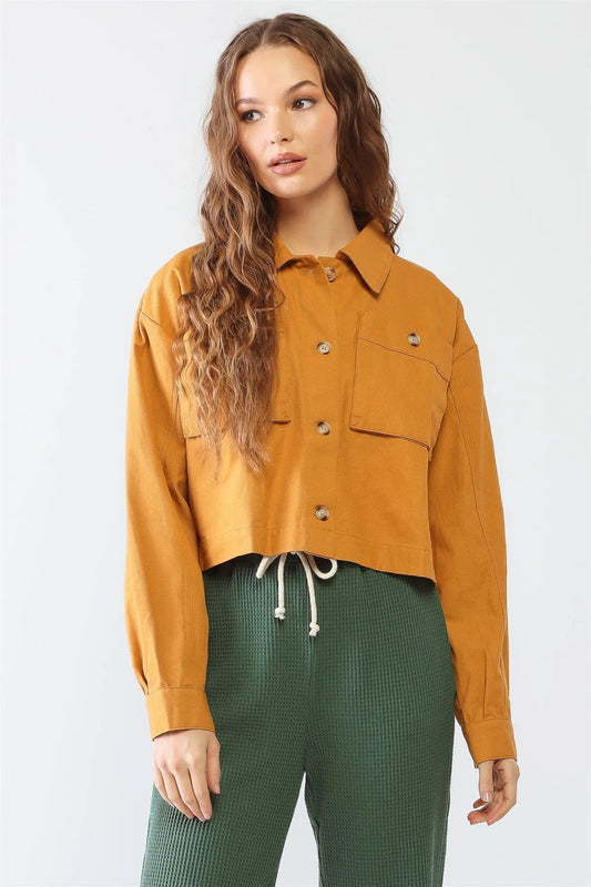 Mustard Cotton Button-Up Two Pocket Collared Neck Long Sleeve Jacket /2-2-2 - Tasha Apparel Wholesale