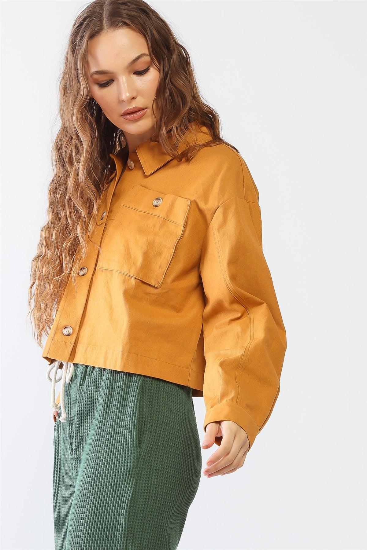 Mustard Cotton Button-Up Two Pocket Collared Neck Long Sleeve Jacket /2-2-2