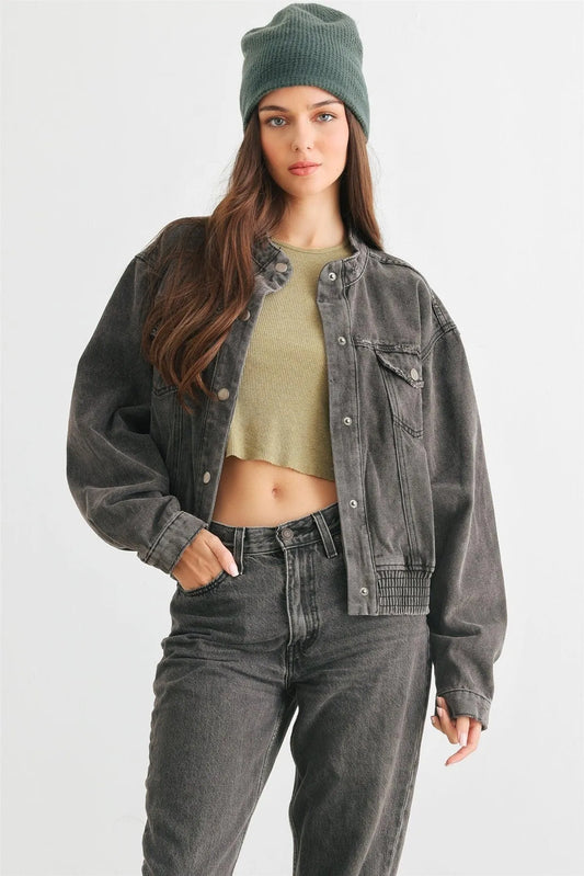 Black Denim Button-Up Four Pocket Long Sleeve Jacket /2-2-2 - Tasha Apparel Wholesale