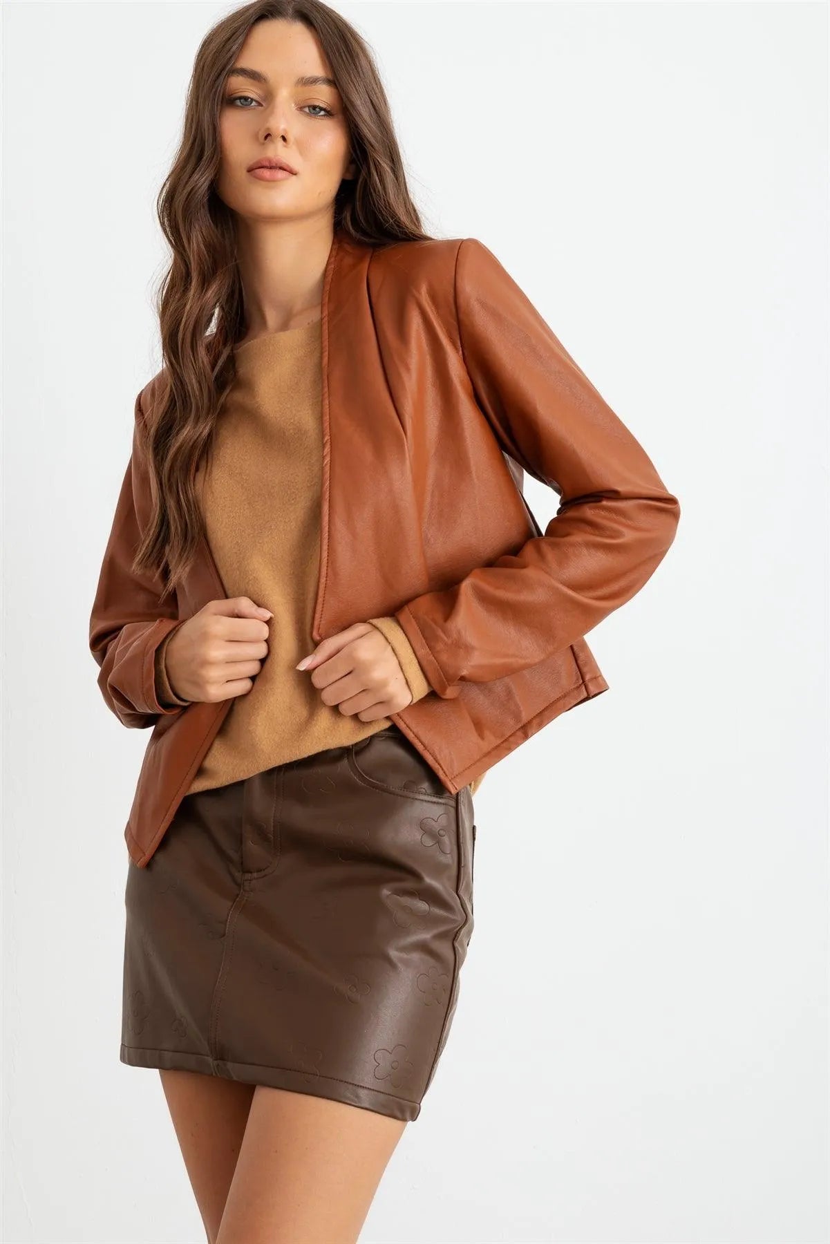 Caramel Faux Leather Ruched Long Sleeve Open Front Jacket /2-2-2 - Tasha Apparel Wholesale