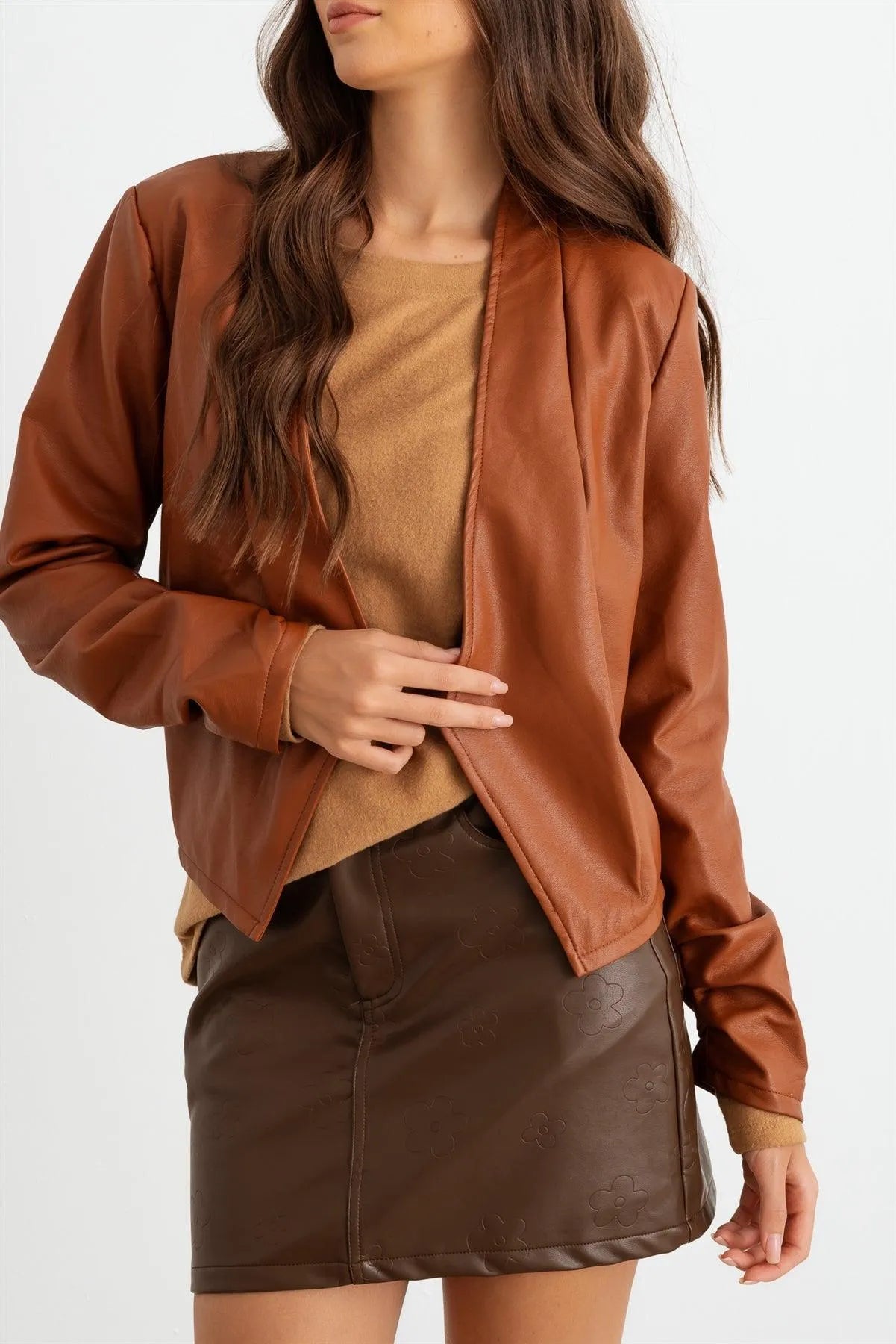 Caramel Faux Leather Ruched Long Sleeve Open Front Jacket /2-2-2 - Tasha Apparel Wholesale