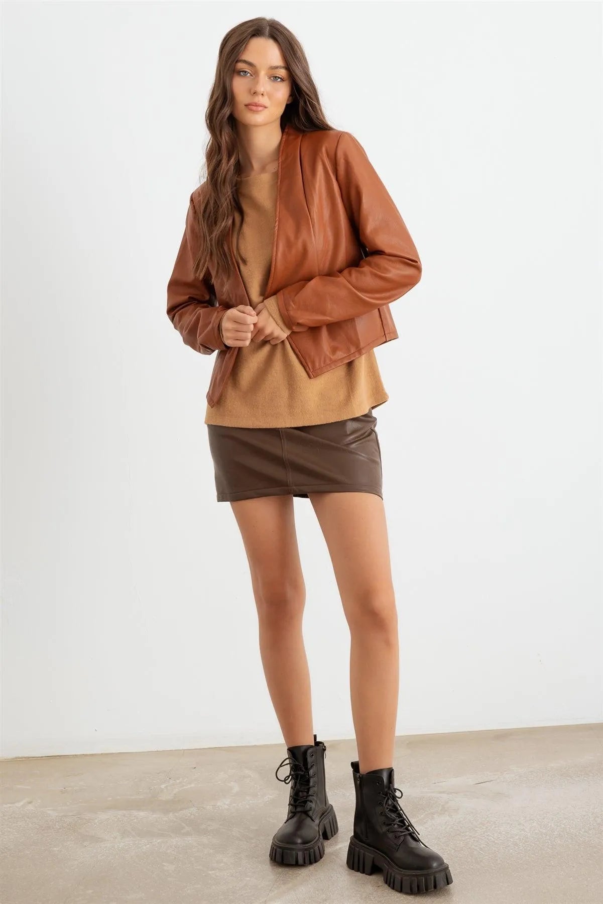 Caramel Faux Leather Ruched Long Sleeve Open Front Jacket /2-2-2 - Tasha Apparel Wholesale