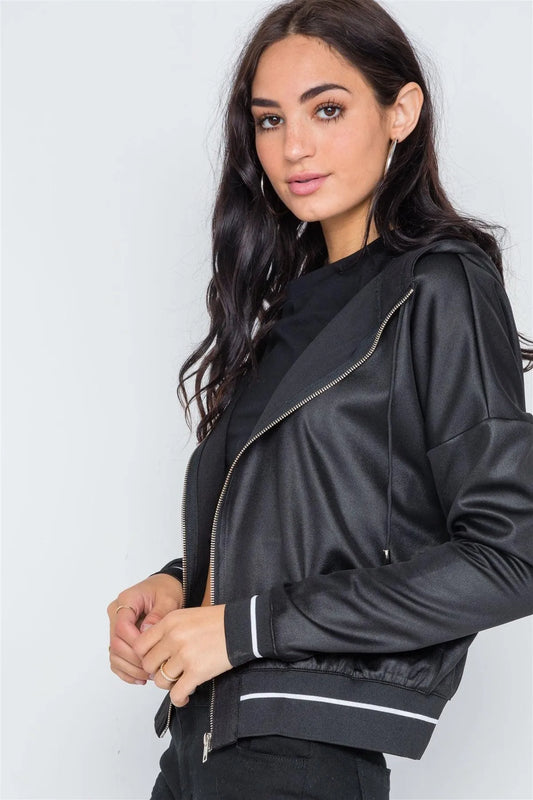 Black Striped Trim Hooded Long Sleeve Jacket /3-2 - Tasha Apparel Wholesale