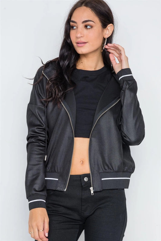 Black Striped Trim Hooded Long Sleeve Jacket /3-2-1 - Tasha Apparel Wholesale