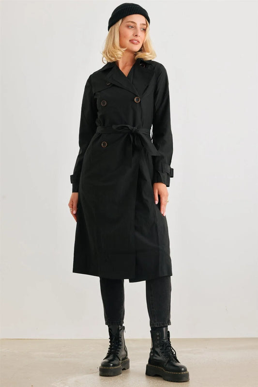 Black Double-Breasted Two Pocket Belted Collared Neck Trench Coat /3-2-1 - Tasha Apparel Wholesale