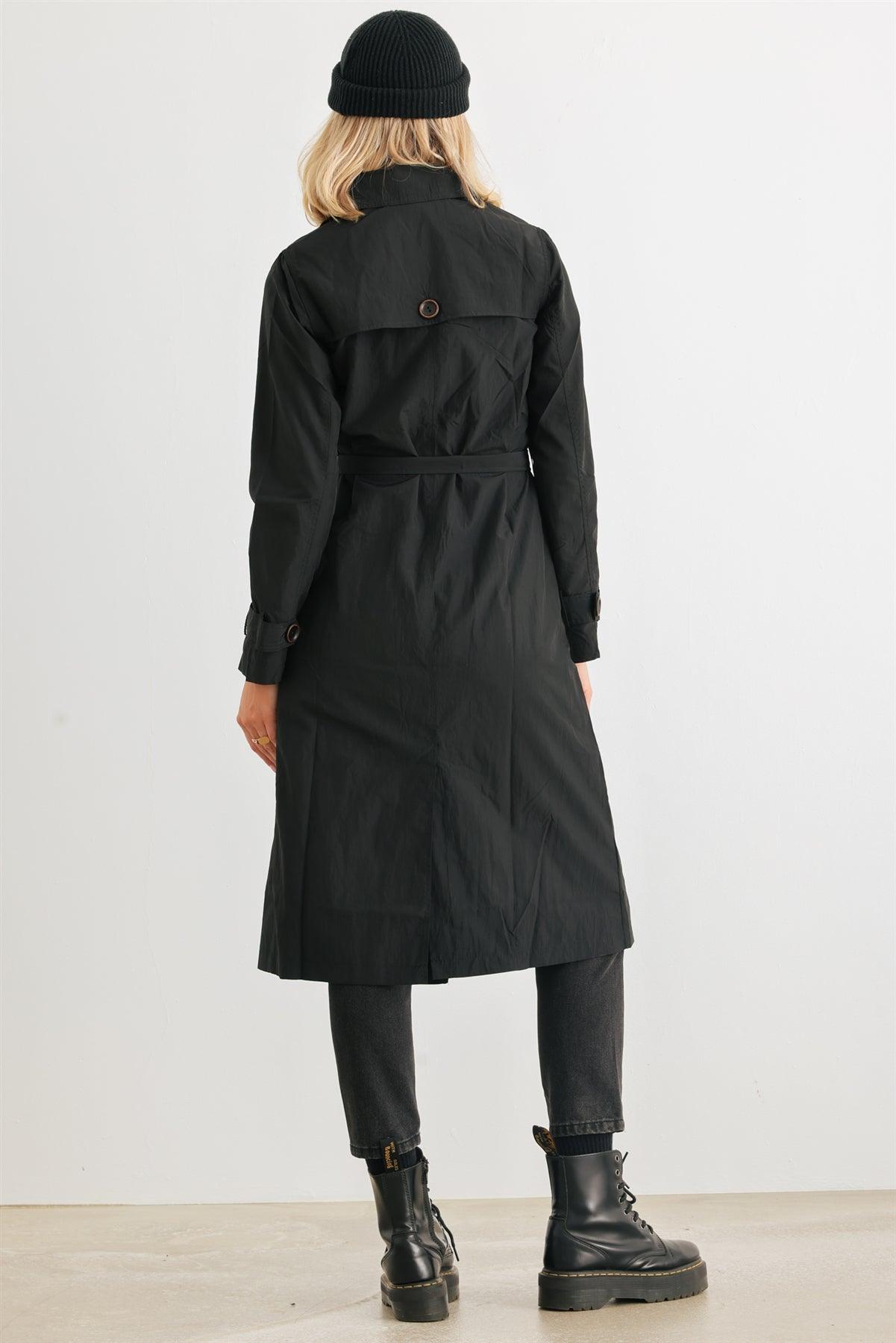 Black Double-Breasted Two Pocket Belted Collared Neck Trench Coat