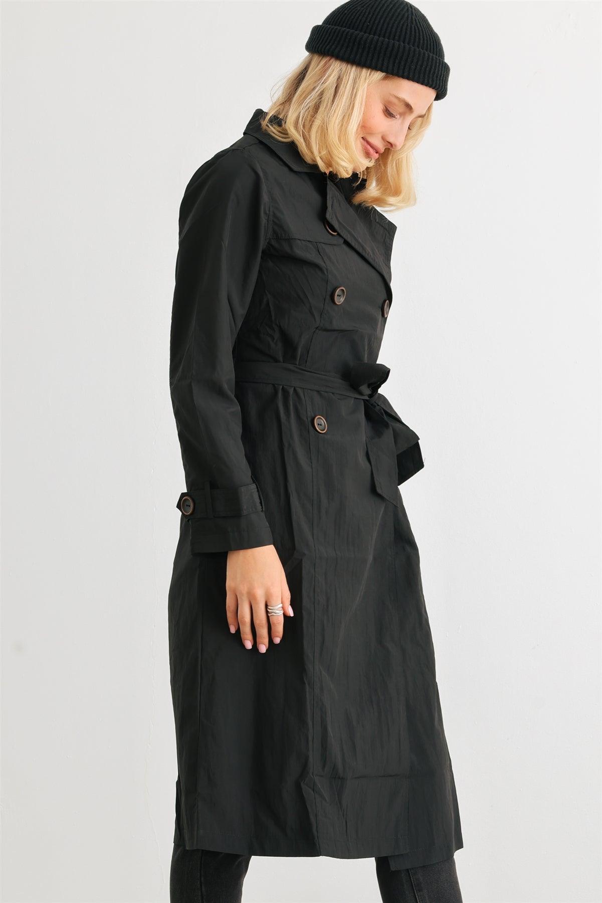 Black Double-Breasted Two Pocket Belted Collared Neck Trench Coat
