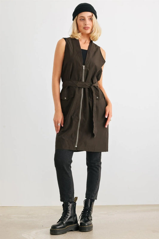 Olive Glossy Zip-Up Belted Two Pocket Long Vest /4-1 - Tasha Apparel Wholesale