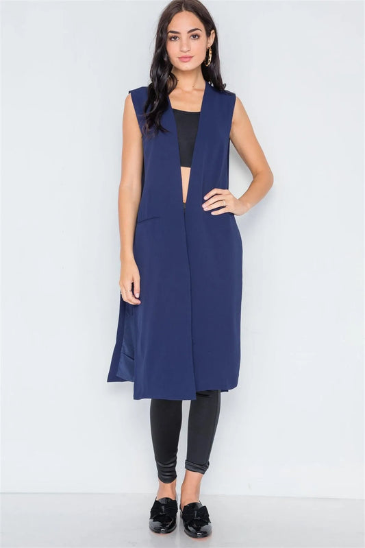Navy Open Front Solid Vest /4-1 - Tasha Apparel Wholesale