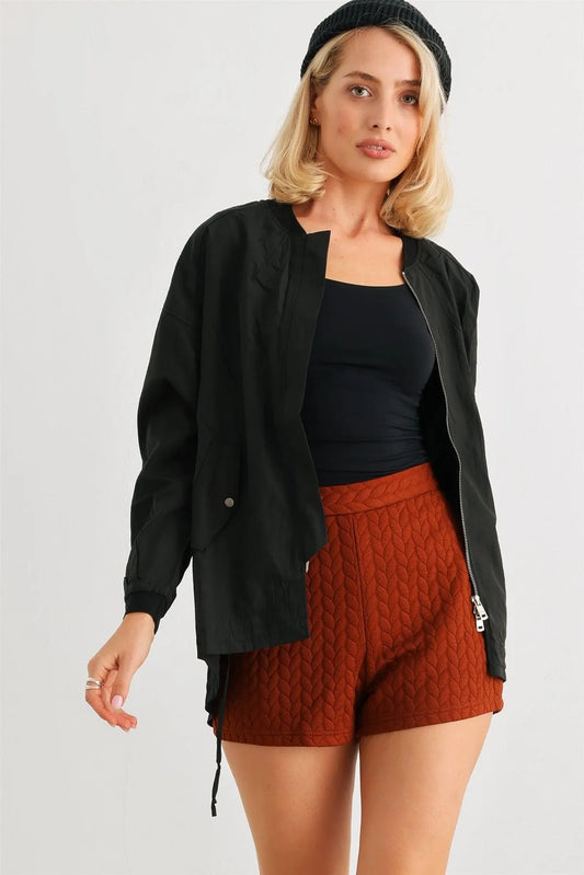 Black Two Way Zipper Drawstring Waist & Hem Coach Jacket /4-2 - Tasha Apparel Wholesale