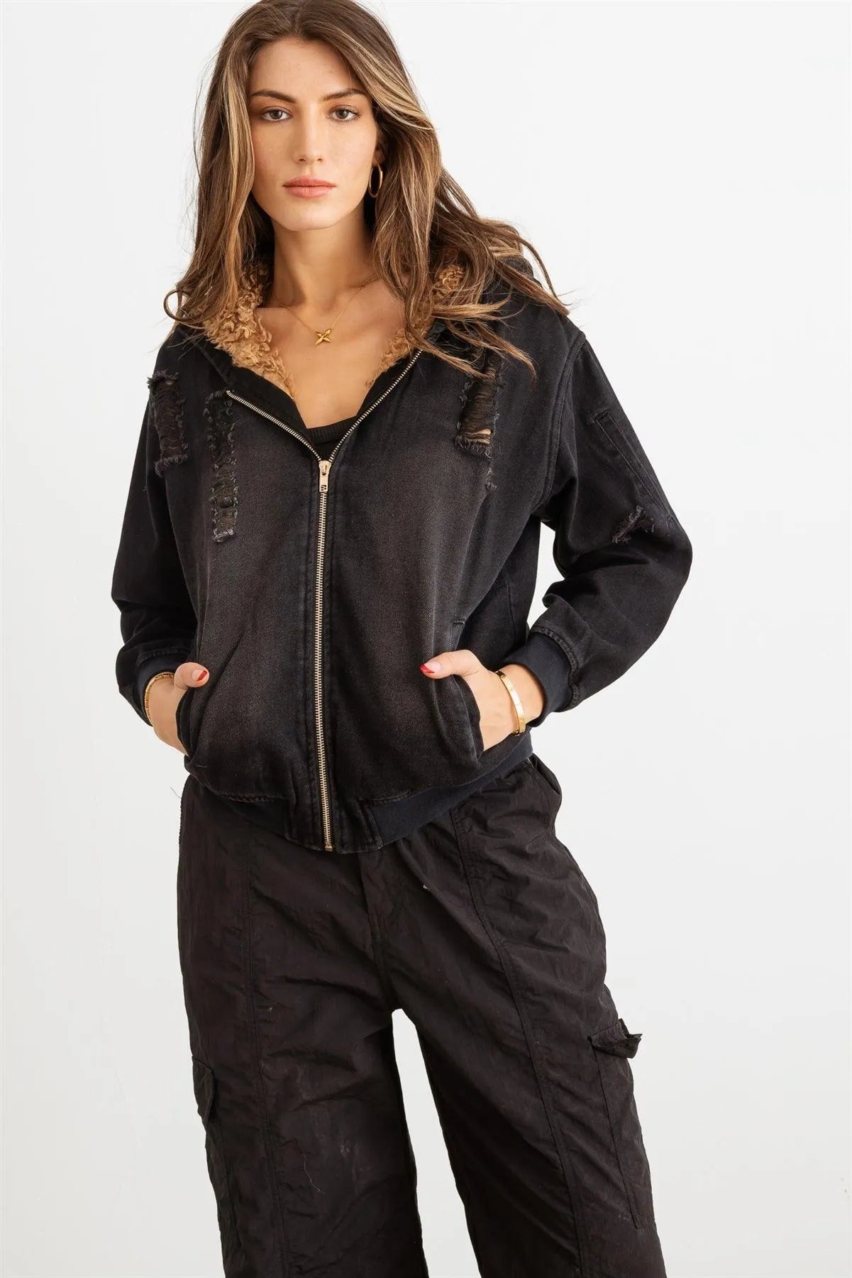 Denim Distressed Zip-Up Long Sleeve Hooded Jacket - Tasha Apparel Wholesale