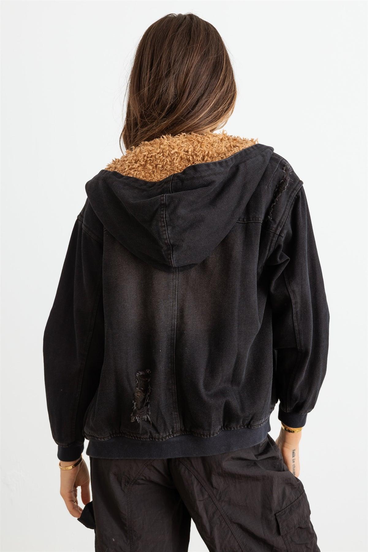 Black Denim Distressed Zip-Up Long Sleeve Hooded Jacket /3-2-1