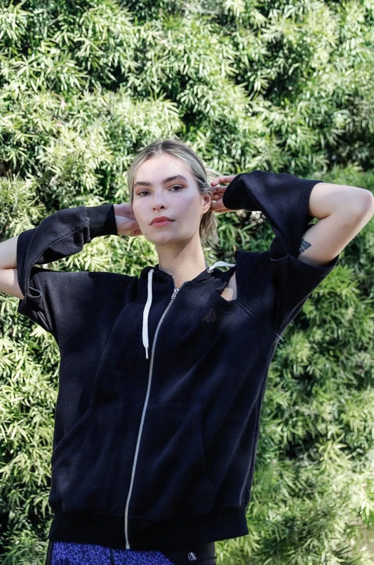 Black Casual Cut-Out Sleeves Zip-Up Hoodie Sweatshirt - Tasha Apparel Wholesale