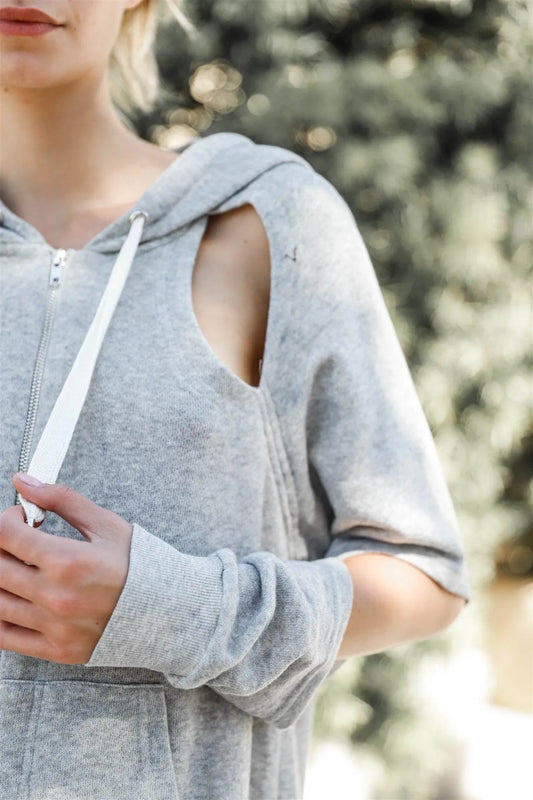 Grey Casual Cut-Out Sleeves Zip-Up Hoodie Sweatshirt /2-2-1 - Tasha Apparel Wholesale