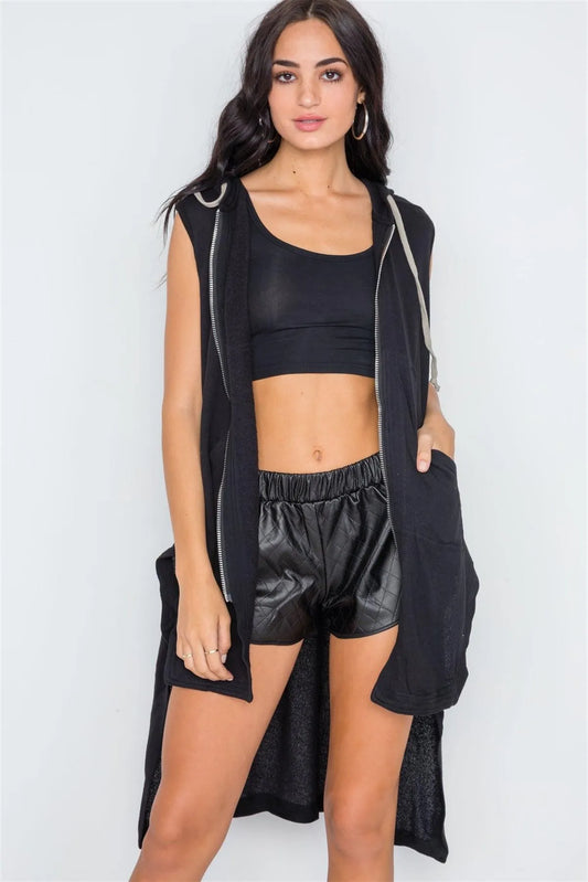 Black Sleeveless Zip-Up Hooded Knit Vest /3-2-1 - Tasha Apparel Wholesale