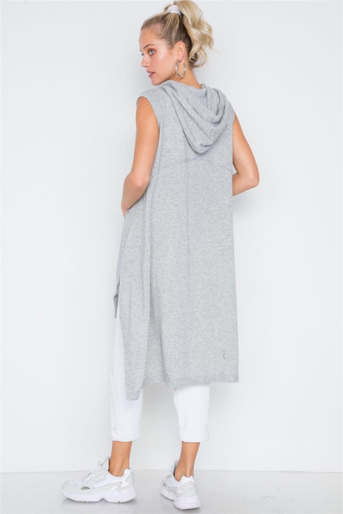 Heather Grey Sleeveless Zip-Up Hooded Knit Vest /3-2-1