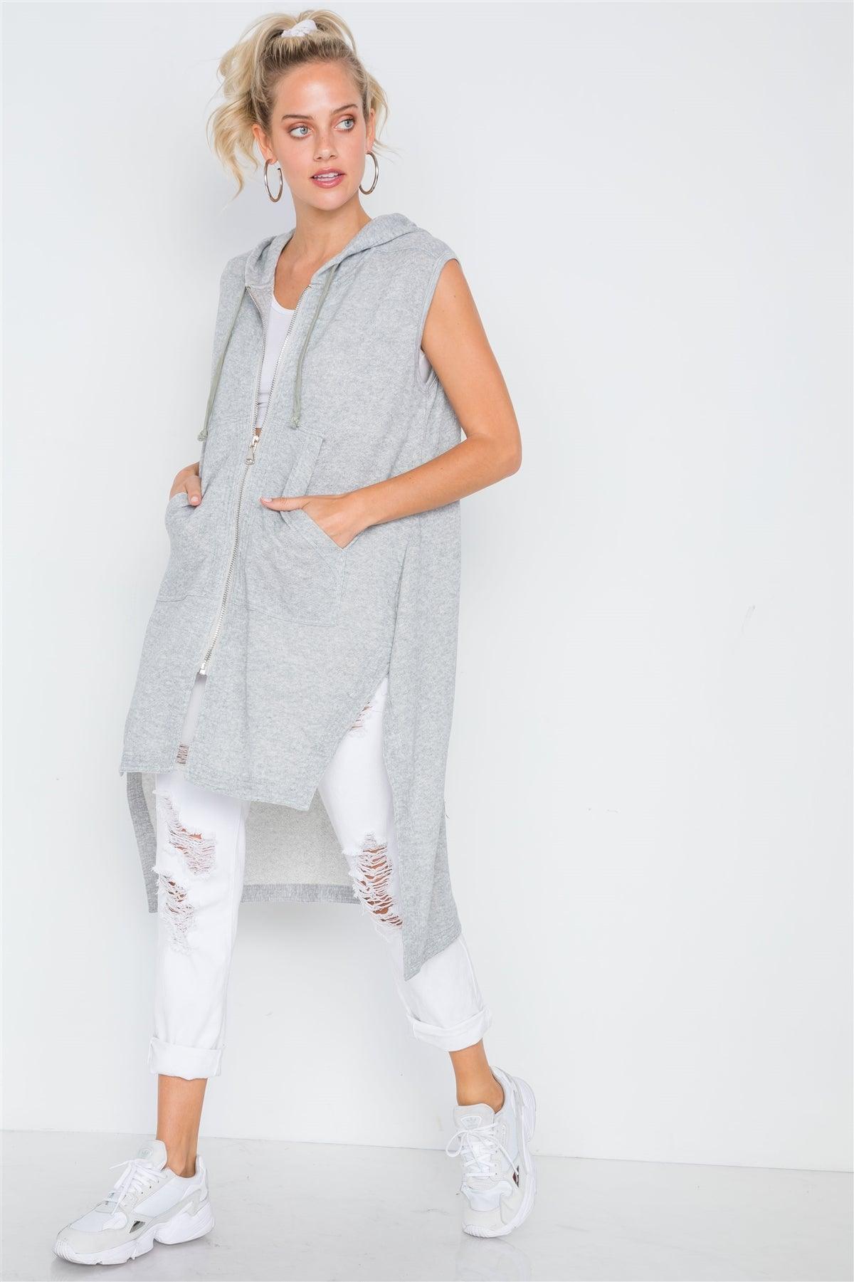 Heather Grey Sleeveless Zip-Up Hooded Knit Vest /3-2-1